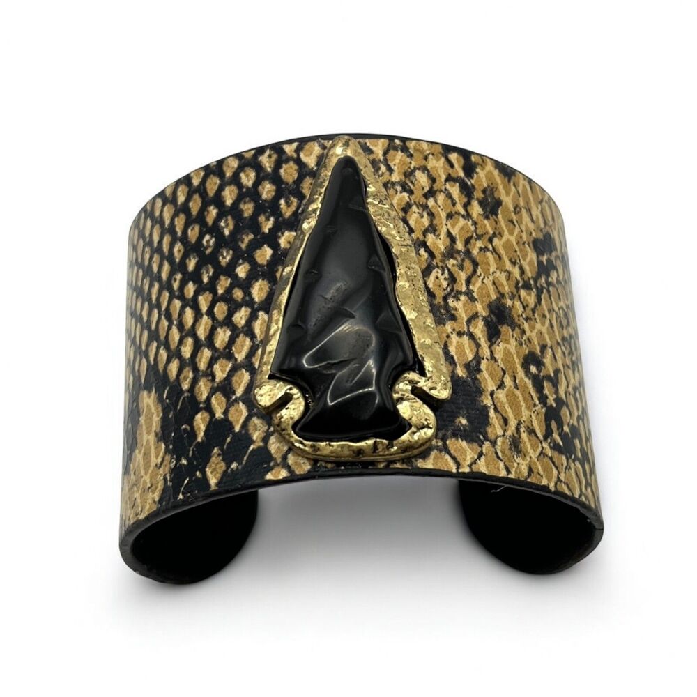 Snakeskin Print Bracelet Cuff Black Simulated Stone Arrowhead Southwest Chunky